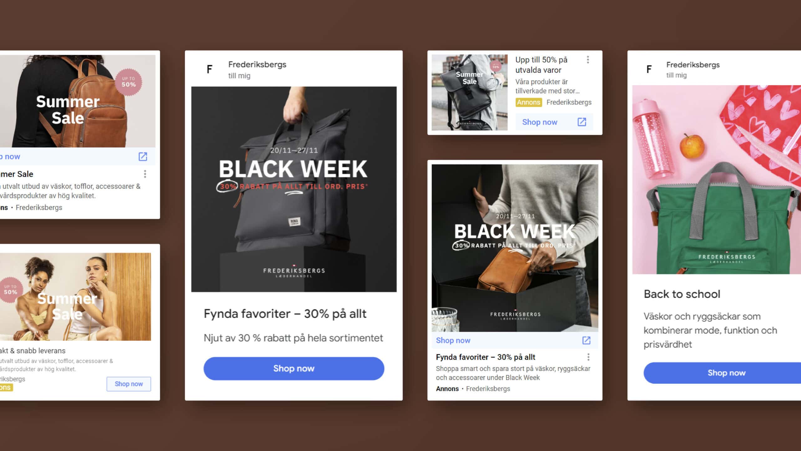 Frederiksbergs Laederhandel, skärmdumpar av digitala annonser